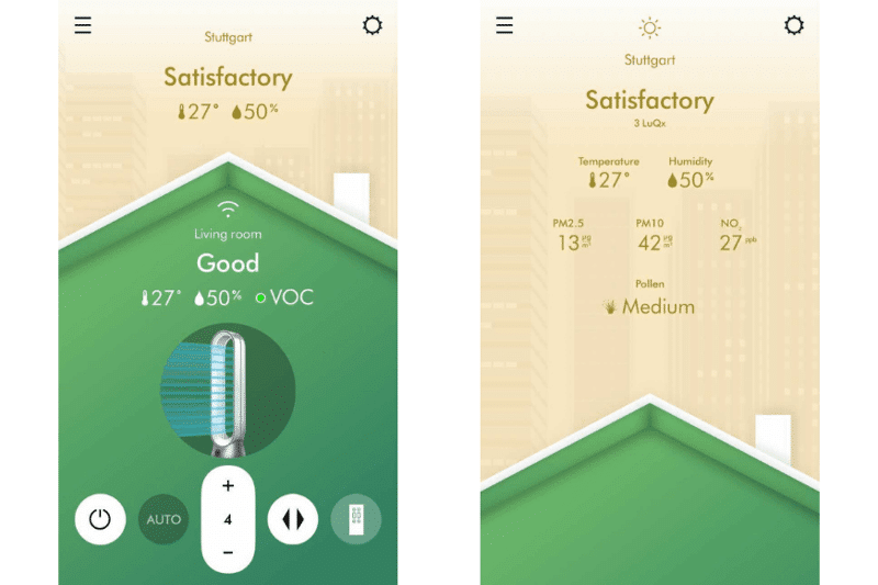 Die Luftqualität Messwerte in der Wohnung und in dem Wohnort werden in der Dyson Link App dargestellt, gemessen vom Purifier Cool Formaldehyd Luftreiniger und Turmventilator.